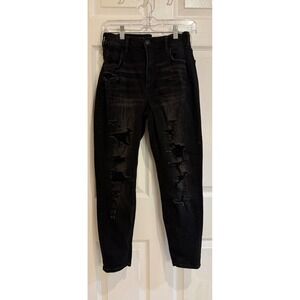 American Eagle Mom Jeans Ripped Distressed Black Wash Super Stretch Size 6‎